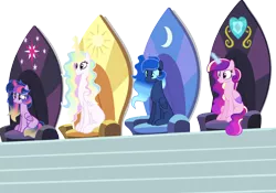 Size: 3232x2256 | Tagged: safe, artist:thesmall-artist, derpibooru import, princess cadance, princess celestia, princess luna, twilight sparkle, twilight sparkle (alicorn), alicorn, pony, alicorn tetrarchy, alternate design, alternate universe, base used, female, glowing horn, gradient mane, high res, mare, simple background, throne, transparent background