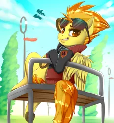 Size: 3012x3244 | Tagged: safe, artist:dankflank, derpibooru import, spitfire, pegasus, pony, arm hooves, bench, clothes, cutie mark, explicit source, female, flying, frog (hoof), grin, high res, horseshoes, jacket, looking at you, looking back, looking back at you, mare, sitting, smiling, solo, sunglasses, underhoof