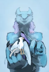 Size: 877x1280 | Tagged: safe, artist:greiser, derpibooru import, oc, oc:der, oc:gyro tech, unofficial characters only, gryphon, sergal, blurry, duo, furry, male, micro, petting, simple background