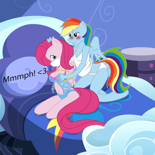 Size: 894x894 | Tagged: questionable, anonymous editor, artist:ryuseihikari, derpibooru import, edit, pinkie pie, rainbow dash, anthro, earth pony, pegasus, unguligrade anthro, alternate hairstyle, babydoll, babydoll lingerie, bedroom, bedroom bondage, bedroom eyes, blushing, bondage, bra, breast grab, breasts, cloth gag, clothes, consensual, female, gag, grope, lesbian, lingerie, muffled moaning, nightgown, otn gag, over the nose gag, panties, pinkiedash, recolor, rope, shipping, underwear