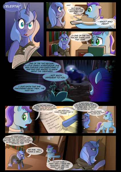 Size: 1240x1754 | Tagged: safe, artist:lunarcakez, derpibooru import, princess luna, oc, oc:soliloquy, earth pony, pony, comic:the origins of hollow shades, book, cloak, clothes, comic, male, s1 luna, stallion