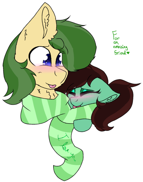 Size: 1391x1767 | Tagged: safe, artist:brokensilence, derpibooru import, oc, oc:mossy vine, oc:peppermint swirl, pony, blushing, clothes, eyeshadow, female, makeup, male, mare, ponytail, scarf, shipping, simple background, stallion, tongue out, transparent background