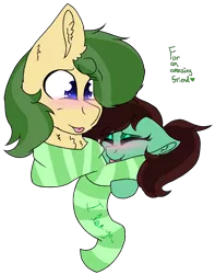 Size: 1391x1767 | Tagged: safe, artist:brokensilence, derpibooru import, oc, oc:mossy vine, oc:peppermint swirl, pony, blushing, clothes, eyeshadow, female, makeup, male, mare, ponytail, scarf, shipping, simple background, stallion, tongue out, transparent background