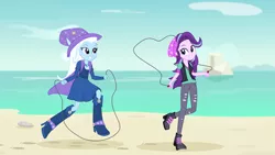 Size: 3999x2249 | Tagged: safe, artist:metalhead97, derpibooru import, starlight glimmer, trixie, equestria girls, beach, beanie, boots, cape, clothes, cute, diatrixes, dress, duo, duo female, fall formal outfits, female, friendship, fun, glimmerbetes, hat, high heel boots, jump rope, jumping, looking at each other, mountain, race, rock, sand, shoes, show accurate, skipping rope, smiling, trixie's cape, trixie's hat