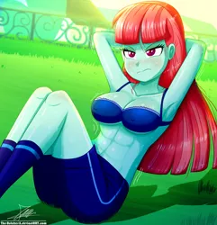 Size: 1120x1160 | Tagged: suggestive, artist:the-butch-x, derpibooru import, edit, editor:slayerbvc, melon mint, equestria girls, abs, arm behind head, armpits, blue underwear, bra, breasts, busty melon mint, cleavage, clothes, erect nipples, female, frilly underwear, nipple outline, shorts, sit-ups, socks, solo, solo female, sports, sports training x, sweat, topless, underwear