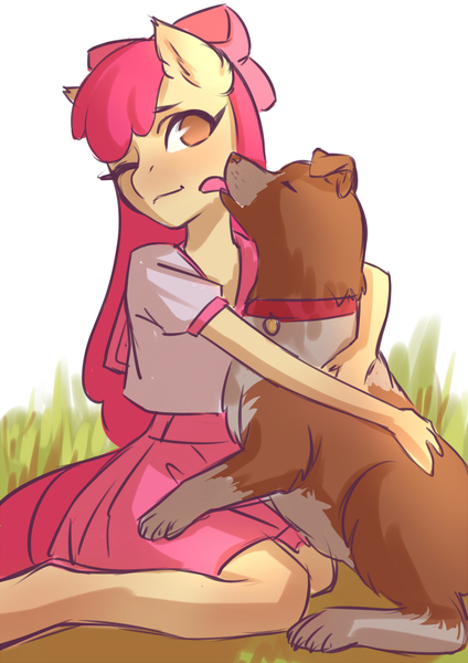 Size: 905x1280 | Tagged: safe, artist:glorious-rarien, derpibooru import, apple bloom, winona, anthro, dog, earth pony, unguligrade anthro, bow, clothes, cute, female, hair bow, hug, image, jpeg, kneeling, licking, licking face, one eye closed, shirt, skirt, tongue out