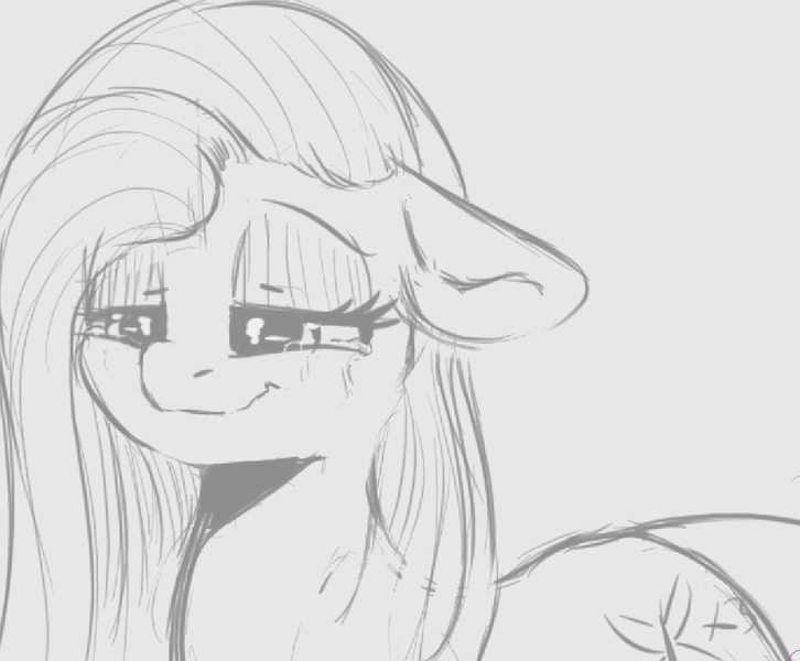 Size: 1026x848 | Tagged: safe, artist:tre, derpibooru import, fluttershy, pegasus, pony, crying, female, gray background, grayscale, mare, monochrome, simple background, sketch, solo