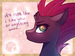 Size: 1331x990 | Tagged: safe, artist:ghst-qn, derpibooru import, fizzlepop berrytwist, tempest shadow, pony, my little pony: the movie, blushing, broken horn, female, implied anon, mare, solo, tsundere, tsundere shadow