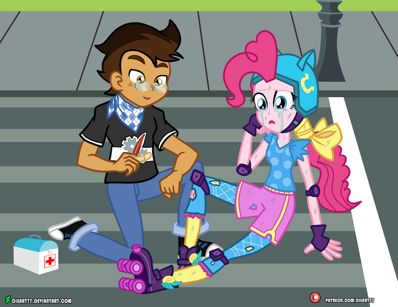 Size: 4000x3090 | Tagged: safe, artist:dieart77, derpibooru import, pinkie pie, oc, oc:copper plume, equestria girls, friendship games, bandaid, bleeding, blood, canon x oc, clothes, commissioner:imperfectxiii, converse, copperpie, crying, elbow pads, fingerless gloves, first aid kit, freckles, glasses, gloves, helmet, knee pads, neckerchief, pants, roller skates, shirt, shoes, sidewalk, sneakers, street, torn clothes