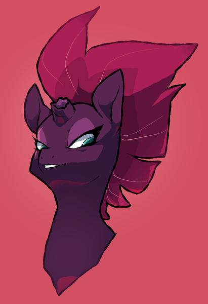 Size: 1470x2148 | Tagged: safe, artist:kilo, derpibooru import, tempest shadow, pony, unicorn, my little pony: the movie, broken horn, bust, eye scar, lidded eyes, red background, scar, simple background, smiling, smirk, solo