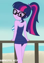 Size: 1024x1455 | Tagged: suggestive, artist:danielitamlp, derpibooru import, sci-twi, twilight sparkle, equestria girls, equestria girls series, forgotten friendship, adorasexy, ass, attached skirt, beach, beach babe, bedroom eyes, blue swimsuit, breasts, busty sci-twi, busty twilight sparkle, clothes, cute, female, glasses, lidded eyes, looking at you, looking back, looking back at you, ocean, one-piece swimsuit, ponytail, sand, sexy, skirt, smiling, solo, solo female, striped swimsuit, stupid sexy sci-twi, swimsuit, tricolor swimsuit, twiabetes, twibutt, upskirt