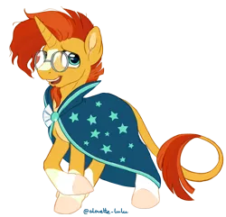 Size: 3688x3557 | Tagged: safe, artist:alouette-lulu, derpibooru import, sunburst, pony, unicorn, beard, cloak, clothes, crossed legs, facial hair, glasses, horn, leonine tail, male, simple background, smiling, solo, stallion, transparent background