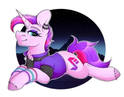 Size: 2533x1991 | Tagged: safe, artist:black-magic101, derpibooru import, oc, oc:synthwave, unofficial characters only, pony, clothes, ear piercing, earring, female, glowstick, hooves together, jacket, jewelry, looking at you, lying down, mare, piercing, simple background, smiling, synthwave, transparent background, unshorn fetlocks