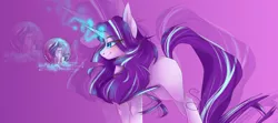 Size: 2253x1000 | Tagged: safe, artist:sileentdo, derpibooru import, starlight glimmer, twilight sparkle, twilight sparkle (alicorn), alicorn, pony, unicorn, abstract background, blushing, bubble, duo, female, glowing horn, looking at each other, magic, mare, micro, missing cutie mark, one wing out, sitting, smiling, telekinesis, twilight is not amused, unamused, zoom layer