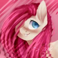 Size: 1000x1000 | Tagged: safe, artist:sileentdo, derpibooru import, fluttershy, pony, abstract background, bust, cute, female, hair over one eye, looking away, looking sideways, mare, portrait, shyabetes, smiling, solo