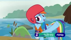 Size: 1280x720 | Tagged: derpibooru import, discovery family logo, helmet, moss, non-compete clause, rainbow dash, reeds, river, rock, safe, screencap, tree, water