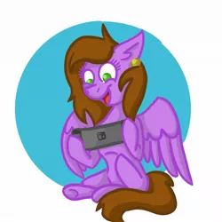 Size: 1200x1200 | Tagged: artist needed, safe, derpibooru import, oc, oc:lilac sciath, unofficial characters only, pegasus, pony, abstract background, cute, doodle, ear piercing, earring, female, happy, jewelry, mare, nintendo, nintendo switch, piercing, playing, smiling, solo, tongue out, video game