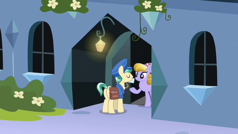 Size: 1280x720 | Tagged: amber waves, bush, crystal pony, derpibooru import, door, envelope, flower, hat, lamp, mail, mailpony, proper postal, safe, screencap, the parent map