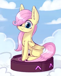 Size: 1024x1280 | Tagged: safe, artist:dsp2003, derpibooru import, fluttershy, pegasus, pony, ^^, a hat in time, cloud, cloudsdale, crossover, cute, dsp2003 is trying to murder us, ear fluff, female, filly, filly fluttershy, roomba, roombashy, rumbi, shyabetes, signature, smiling, solo, younger