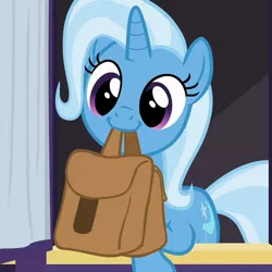 Size: 720x720 | Tagged: safe, derpibooru import, screencap, trixie, unicorn, to where and back again, cropped, cute, diatrixes, female, happy, mouth hold, saddle bag, smiling, solo, to saddlebags and back again