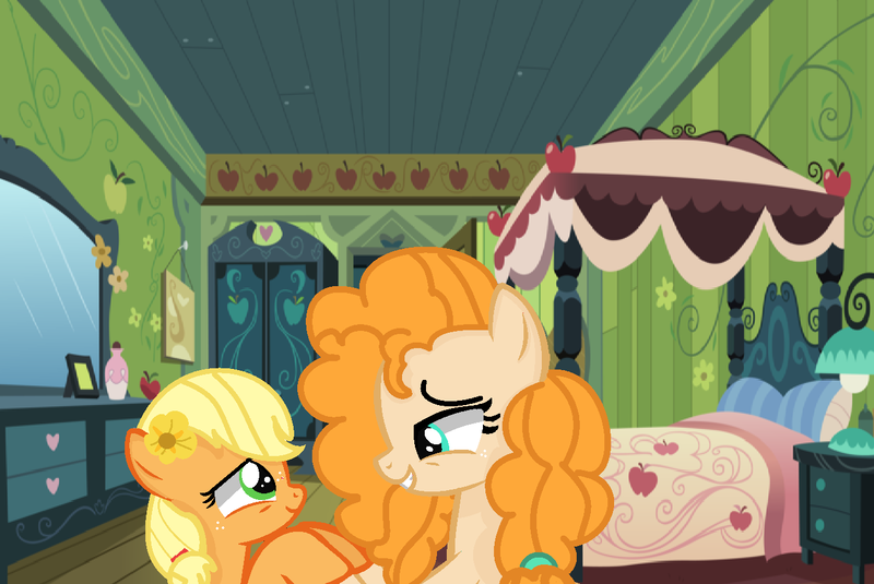 Size: 1352x904 | Tagged: safe, artist:lynnqueenofsports, derpibooru import, applejack, pear butter, pony, female, filly, flower, flower in hair, freckles, looking at each other, mare, smiling, younger