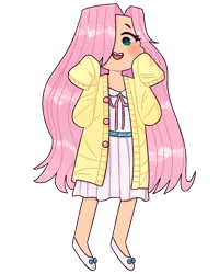 Size: 1975x2468 | Tagged: artist:mochietti, blushing, clothes, derpibooru import, dress, female, flats, fluttershy, hair over one eye, human, humanized, open mouth, pink dress, safe, simple background, solo, sundress, sweater, sweatershy, transparent background