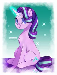 Size: 720x952 | Tagged: safe, artist:krisscheen, derpibooru import, starlight glimmer, pony, unicorn, chest fluff, cute, female, glimmerbetes, glowing horn, looking at you, mare, sitting, smiling, solo