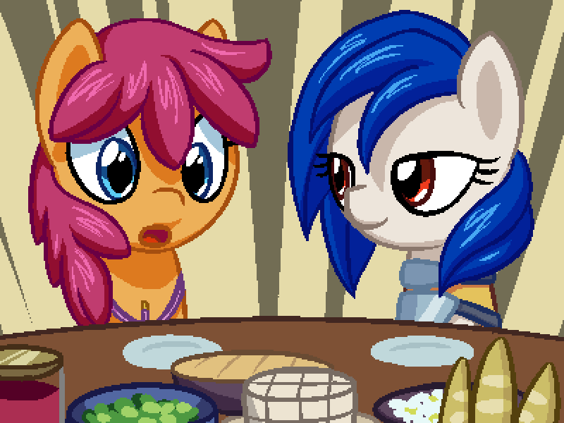 Size: 800x600 | Tagged: safe, artist:rangelost, derpibooru import, oc, oc:sapphire kite, oc:trailblazer, unofficial characters only, earth pony, pony, cyoa:d20 pony, armor, bread, colored, cyoa, description is relevant, duo, female, food, mare, pie, pixel art, plate, salad, sitting, story included, surprised, table