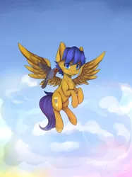 Size: 1290x1725 | Tagged: safe, artist:mikanskii, derpibooru import, oc, oc:crushingvictory, unofficial characters only, bird, pegasus, pony, chibi, detailed wings, flight, full color, in air, male, robin, shading, smiling, solo, stallion, ych result