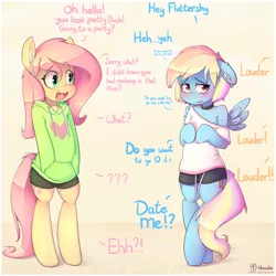 Size: 3333x3333 | Tagged: safe, artist:apony, derpibooru import, fluttershy, rainbow dash, pegasus, pony, semi-anthro, bipedal, blushing, care mare, clothes, collar, cute, dashabetes, duo, embarrassed, female, flutterdash, hoodie, lesbian, mare, offscreen character, personality swap, shipping, shirt, shorts, shy, shy dashie, shyabetes, text