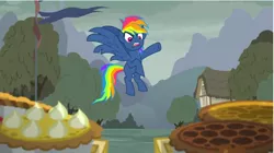 Size: 706x396 | Tagged: safe, derpibooru import, screencap, rainbow dash, pegasus, pony, secrets and pies, adorapiehater, angry, cart, cloud, cute, evil pie hater dash, female, flag, flying, food, great moments in animation, house, madorable, mare, pie, ponyville, raised hoof, solo, tree