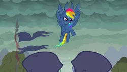 Size: 1280x720 | Tagged: safe, derpibooru import, screencap, rainbow dash, pegasus, pony, secrets and pies, adorapiehater, cloud, cute, cute little fangs, dashabetes, evil, evil pie hater dash, fangs, female, flag, flying, happy, mare, nightmare, open mouth, smiling, solo, tree