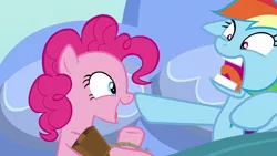 Size: 1280x720 | Tagged: bed, bell, cowbell, derpibooru import, faic, morning ponies, out of context, pillow, pinkie pie, rainbow dash, rainbow dash is best facemaker, safe, screencap, secrets and pies, sheet, smiling, startled