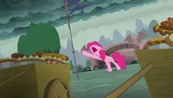 Size: 1280x720 | Tagged: safe, derpibooru import, screencap, pinkie pie, earth pony, pony, secrets and pies, bridge, cart, cloud, female, flag, mare, pies, ponyville, raised hoof, screaming, solo, tree, yelling