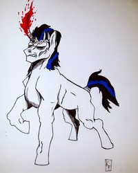 Size: 1591x1989 | Tagged: safe, artist:krashface, derpibooru import, oc, oc:dark ice, unicorn, black sclera, male, reference sheet, stallion, traditional art