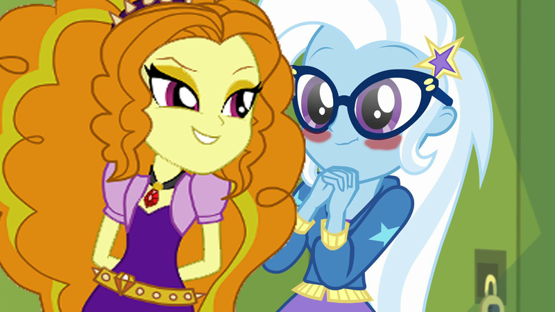 Size: 1920x1080 | Tagged: safe, artist:ktd1993, artist:mixiepie, derpibooru import, edit, edited screencap, screencap, adagio dazzle, trixie, best trends forever, equestria girls, equestria girls series, rainbow rocks, best trends forever: twilight sparkle, blushing, dork, female, gem, glasses, lesbian, low res image, shipping, siren gem, triagio