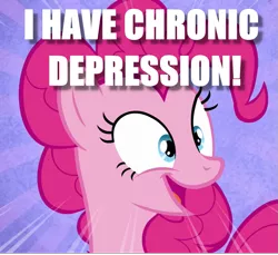 Size: 793x725 | Tagged: cropped, derpibooru import, dissonant caption, edit, edited screencap, image macro, irrational exuberance, lies, meme, pinkie pie, safe, screencap, smiling, solo, text