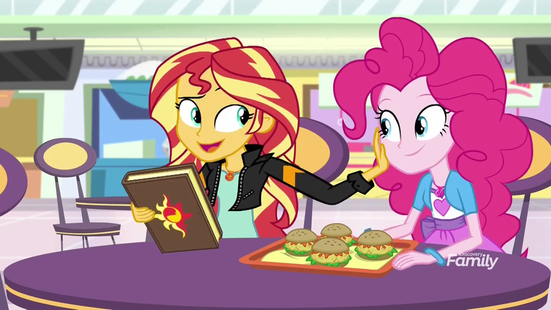 Size: 1280x720 | Tagged: safe, derpibooru import, screencap, pinkie pie, sunset shimmer, equestria girls, mirror magic, spoiler:eqg specials, book, bracelet, burger, chair, discovery family logo, food, geode of empathy, geode of sugar bombs, hamburger, jewelry, journal, looking at each other, magical geodes, raised eyebrow, smiling, storefront, table, television, tray
