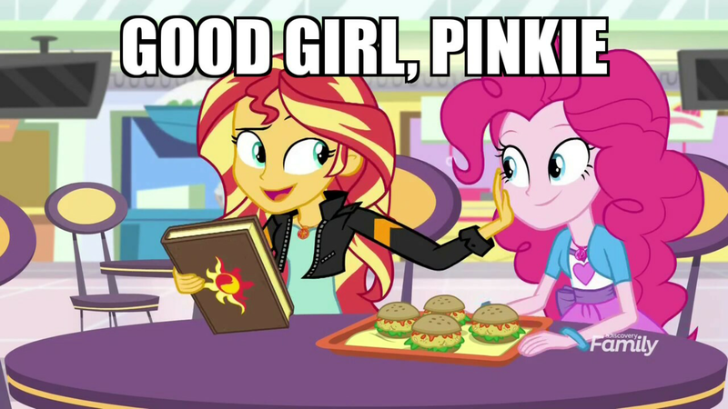 Size: 3416x1920 | Tagged: safe, derpibooru import, edit, edited screencap, screencap, pinkie pie, sunset shimmer, equestria girls, mirror magic, spoiler:eqg specials, book, burger, chair, discovery family logo, female, food, friendship, geode of empathy, geode of sugar bombs, hamburger, journal, kindness, magical geodes, petting, smiling, storefront, table, television
