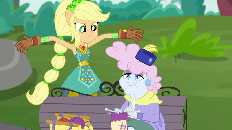 Size: 1280x720 | Tagged: safe, derpibooru import, screencap, applejack, pearly stitch, equestria girls, equestria girls series, super squad goals, bag, bench, clothes, crystal guardian, female, geode of super strength, gloves, hat, knitting, knitting needles, magical geodes, park, ponied up, ponytail, purse, sitting, yarn