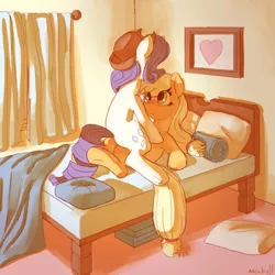 Size: 1000x1000 | Tagged: suggestive, artist:mewball, derpibooru import, applejack, rarity, earth pony, pony, unicorn, accessory swap, bed, cute, female, jackabetes, lesbian, pillow, raribetes, rarijack, shipping