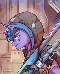 Size: 1438x1772 | Tagged: safe, artist:co11on-art, derpibooru import, oc, unofficial characters only, pony, unicorn, ana amari, gun, overwatch, parody, rifle, smiling, solo, weapon