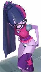 Size: 1074x1855 | Tagged: dead source, suggestive, artist:yellowchesterhuang, derpibooru import, sci-twi, twilight sparkle, equestria girls, belt, bowtie, breasts, clothes, female, geode of telekinesis, glasses, looking at you, magical geodes, panties, panties pulled down, panty pull, ponytail, skirt, skirt around legs, skirt pull, skirt pulled down, solo, solo female, underwear, undressing, white underwear