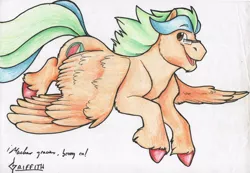 Size: 922x637 | Tagged: safe, artist:griffith, derpibooru import, oc, oc:summer lights, pegasus, pony, flying, glasses, spanish, traditional art, unshorn fetlocks, wings