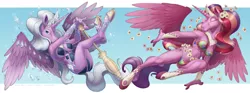 Size: 1280x474 | Tagged: alicorn, anthro, april daisy, april mist, armpits, artist:loupgarou, bikini, birthday ponies, birthday pony, birthflower, birthstone, breasts, clothes, daisy (flower), derpibooru import, diamond, duo, duo female, eyes closed, female, females only, flying, glasses, jewelry, looking at you, mare, missing cutie mark, suggestive, swimsuit, umbrella, unguligrade anthro