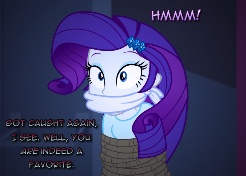 Size: 1070x764 | Tagged: semi-grimdark, artist:snakeythingy, derpibooru import, rarity, equestria girls, bondage, bound and gagged, cloth gag, damsel in distress, dialogue, gag, looking back, manip, muffled words, peril, photomanipulation, rope, story included, tied up