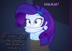 Size: 1070x764 | Tagged: semi-grimdark, artist:snakeythingy, derpibooru import, rarity, equestria girls, bondage, bound and gagged, cloth gag, damsel in distress, dialogue, gag, looking back, manip, muffled words, peril, photomanipulation, rope, story included, tied up