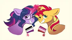 Size: 1189x669 | Tagged: safe, artist:vovanpetuh, derpibooru import, sci-twi, sunset shimmer, twilight sparkle, ponified, pony, series:sciset diary, asexual, asexual pride flag, blushing, equestria girls ponified, female, flag, lesbian, lesbian pride flag, levitation, magic, pride, pride flag, scitwishimmer, shipping, sunsetsparkle, telekinesis