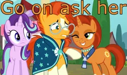 Size: 1341x799 | Tagged: cropped, derpibooru import, edit, edited screencap, female, image macro, implied starburst, male, meme, mother and son, one eye closed, out of context, safe, screencap, shipper flare, shipper on deck, starlight glimmer, stellar flare, sunburst, that pony sure does want grandfoals, the parent map, wink