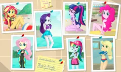 Size: 1495x892 | Tagged: suggestive, artist:charliexe, derpibooru import, applejack, fluttershy, pinkie pie, rainbow dash, rarity, sci-twi, sunset shimmer, twilight sparkle, equestria girls, equestria girls series, forgotten friendship, barefoot, beach, belly button, bikini, board shorts, bracelet, cap, clothes, cropped, eyes closed, feet, female, females only, freckles, gesture, glasses, hat, heart hands, humane five, humane seven, humane six, jewelry, looking at you, looking back, mane six, midriff, necklace, one-piece swimsuit, open mouth, photo, pinboard, pinup, rearity, sarong, sexy, shorts, show accurate, skirt, skirt lift, smiling, swimsuit, the undisputed era, undressing, upskirt, wedgie, wetsuit, wwe